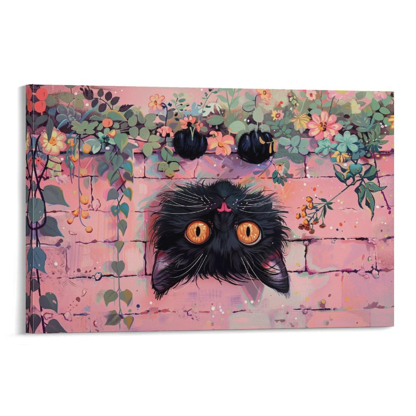 Amazon.co.jp: 絵画 ピンクの壁に逆さまにぶら下がっている黒猫 アート